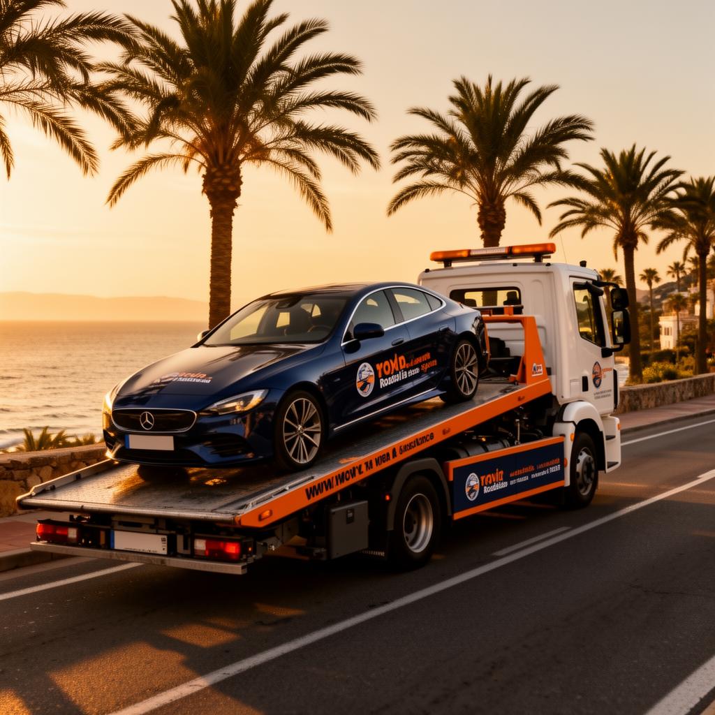 Grúa de Grúas Sánchez prestando auxilio en carretera a la salida de San Pedro de Alcántara