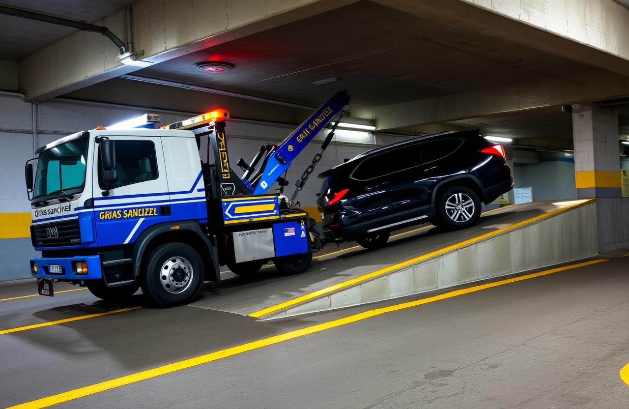 Extracción de SUV bloqueado en una rampa subterránea de un parking comunitario en Marbella.