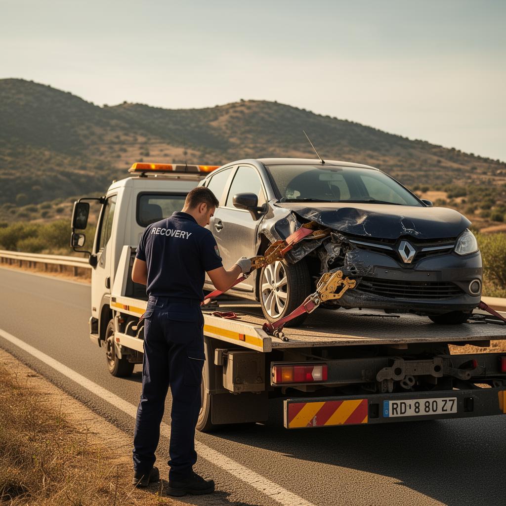 Camión grúa de Grúas Sánchez recogiendo un coche averiado en la entrada de Estepona
